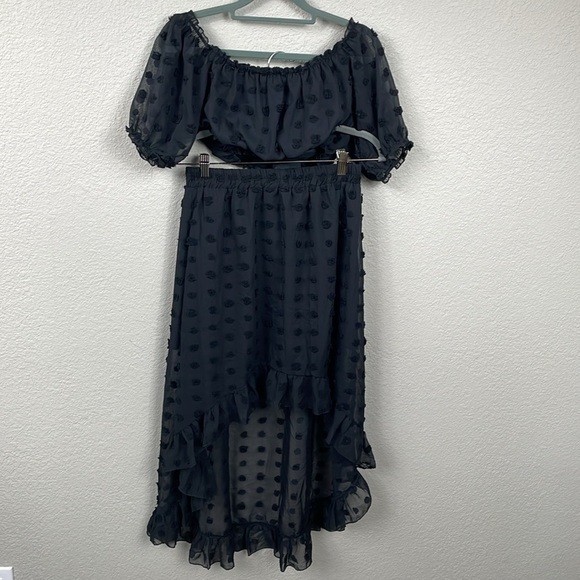 New Lyaner Tulle Polka Dot High Low 2 Piece Set Skirt Crop Top Black Sz M - Picture 6 of 11